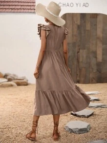 SHEIN VCAY Đầm Viên lá sen màu trơn Thanh lịch - Màu nâu  Mocha - Xem 2