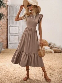 SHEIN VCAY Đầm Viên lá sen màu trơn Thanh lịch - Màu nâu  Mocha - Xem 3