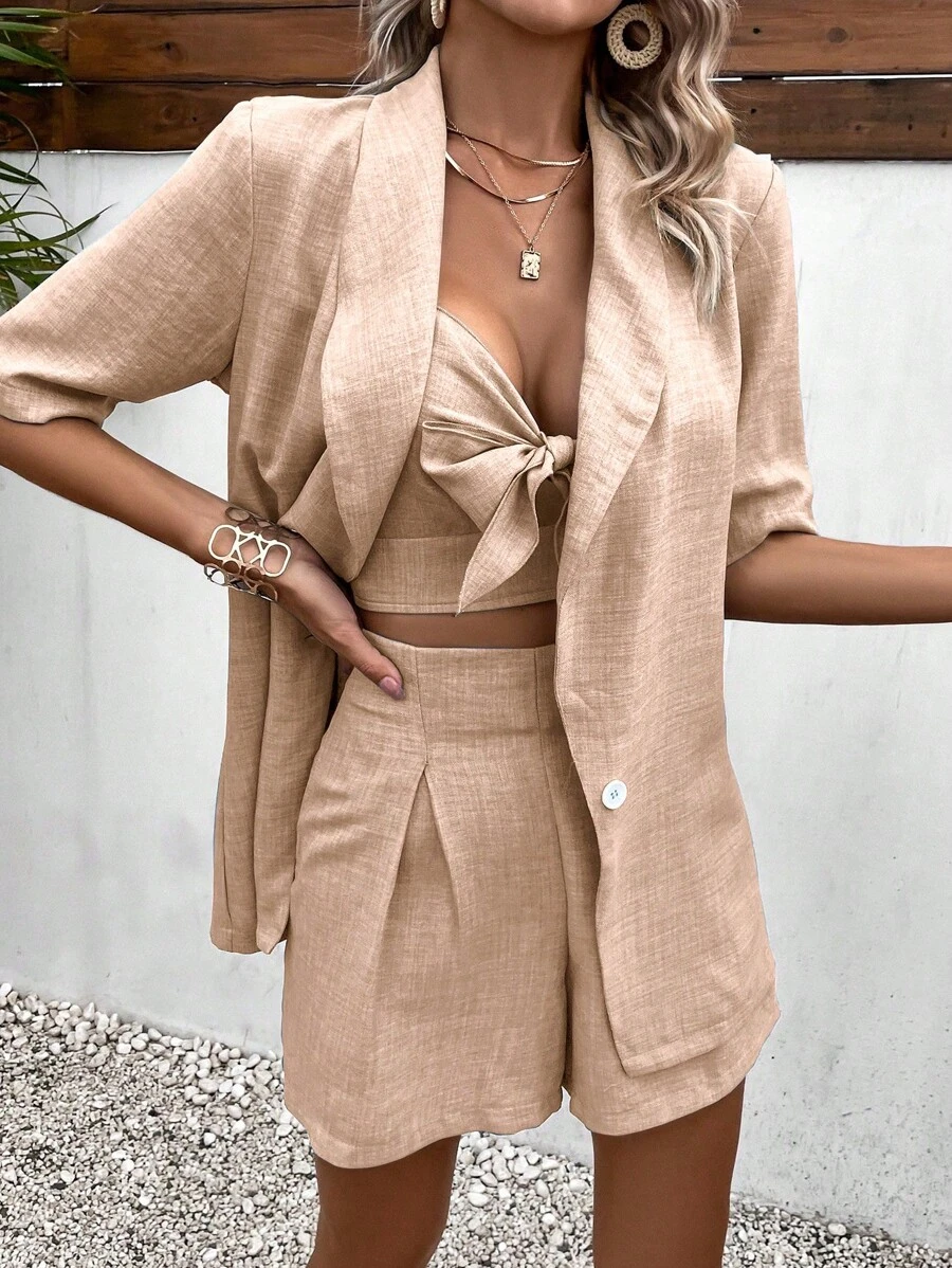 Chiquease Shawl Collar Blazer & Fold Pleated Shorts & Cami Top - Apricot - View 1