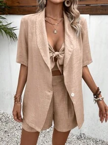 Chiquease Shawl Collar Blazer & Fold Pleated Shorts & Cami Top - Apricot - View 3