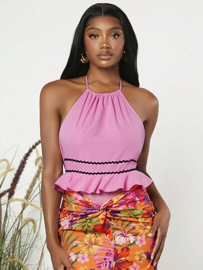 SHEINNeu Contrast Tape Ruffle Hem Halter Neck Backless Cami Bodysuit