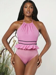 SHEINNeu Body de tirantes con cinta en contraste bajo con fruncido de cuello halter de espalda abierta