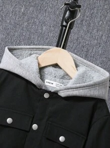 SHEIN Tween Boy Flap Pocket Teddy Lined Hooded Coat Without Tee - Black - View 5