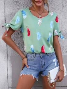 SHEIN LUNE 羽毛印花打結袖口襯衫 - 薄荷綠 - 查看 3