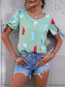 SHEIN LUNE 羽毛印花打結袖口襯衫 - 薄荷綠 - 查看 6