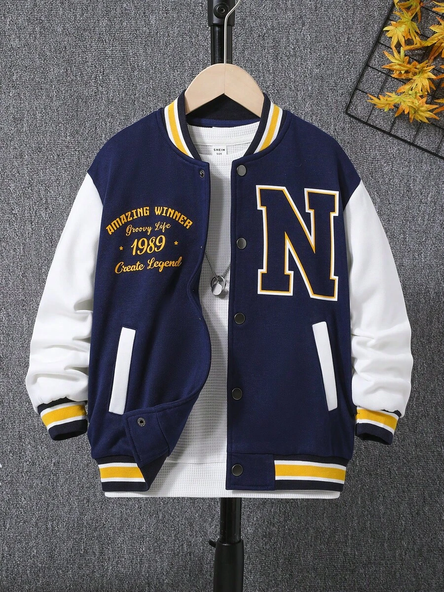 SHEIN Tween Boys' Casual Printed Knitted Baseball Jacket With Colour Block Sleeves - Navy Blue - View 1