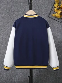 SHEIN Tween Boys' Casual Printed Knitted Baseball Jacket With Colour Block Sleeves - Navy Blue - View 2