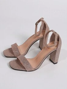 女士搭扣裝飾粗跟涼鞋,魅力四射派對金屬亮絲踝帶平底涼鞋 - 香檳色 - 查看 6