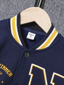 SHEIN Tween Boys' Casual Printed Knitted Baseball Jacket With Colour Block Sleeves - Navy Blue - View 5