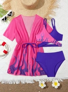 Tween Girl 火焰印花比基尼套装与和服夏日海滩 - 彩色 - 查看 1