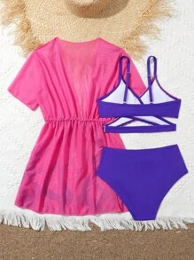 Tween Girl 火焰印花比基尼套装与和服夏日海滩 - 彩色 - 查看 2