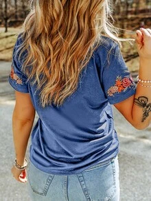 Acelitt 女士休闲花卉刺绣圆领短袖T恤 度假夏季 - 藍色 - 查看 2