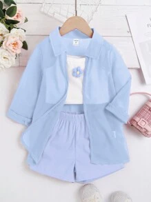 SHEIN Cô Gái Trẻ Hoa Đã vá Áo Cami & Quần short & Áo sơ mi - Màu xanh nhạt - Xem 1