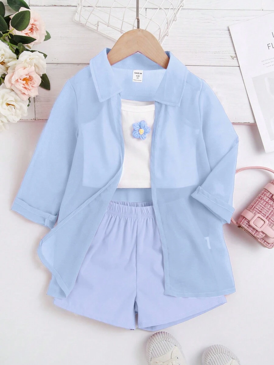 SHEIN Cô Gái Trẻ Hoa Đã vá Áo Cami & Quần short & Áo sơ mi - Màu xanh nhạt - Xem 1