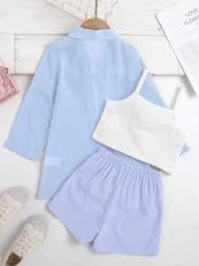 SHEIN Cô Gái Trẻ Hoa Đã vá Áo Cami & Quần short & Áo sơ mi - Màu xanh nhạt - Xem 2