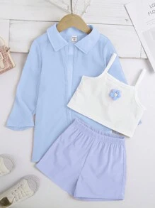 SHEIN Cô Gái Trẻ Hoa Đã vá Áo Cami & Quần short & Áo sơ mi - Màu xanh nhạt - Xem 3