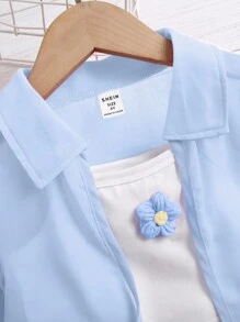 SHEIN Cô Gái Trẻ Hoa Đã vá Áo Cami & Quần short & Áo sơ mi - Màu xanh nhạt - Xem 4