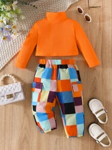 男嬰素色高領T恤和格紋圖案長褲 - 彩色 - 查看 1