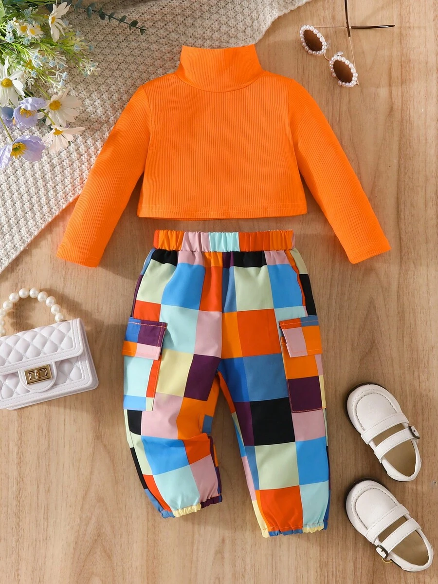 男嬰素色高領T恤和格紋圖案長褲 - 彩色 - 查看 1