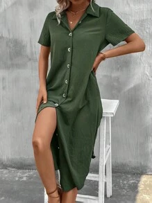 SHEIN Clasi Solid Button Front Shirt Dress - Army Green - View 3