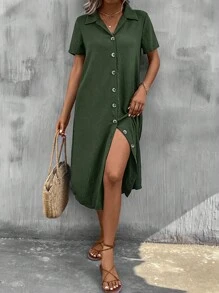 SHEIN Clasi Solid Button Front Shirt Dress - Army Green - View 2