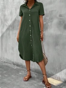 SHEIN Clasi Solid Button Front Shirt Dress - Army Green - View 6