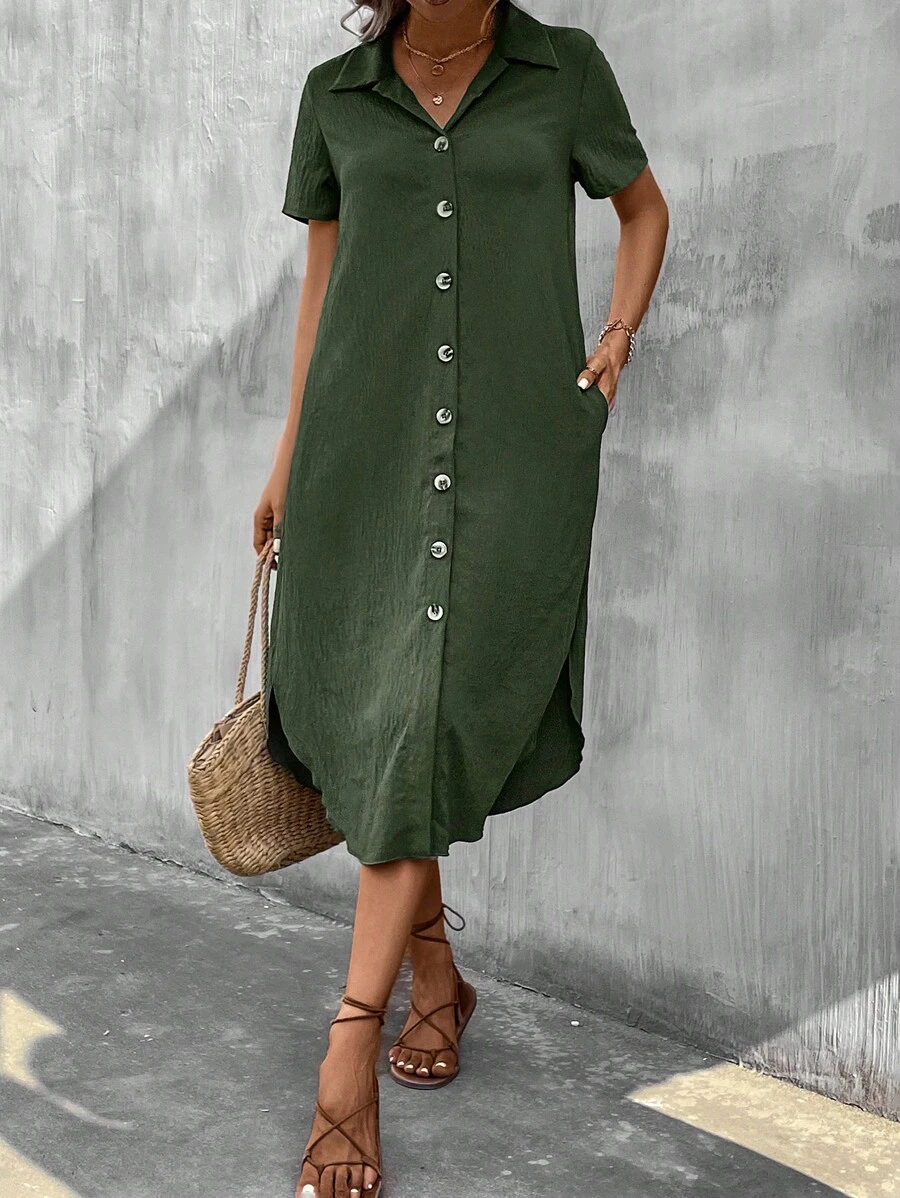 SHEIN Clasi Solid Button Front Shirt Dress - Army Green - View 1
