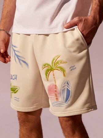 Manfinity Chillmode 寬鬆款男士熱帶印花束口腰短褲