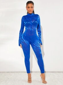 SHEIN SXY 斑馬條紋深V領彈力緊身連體褲 - 寶藍色 - 查看 5