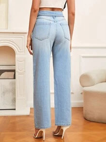 SHEIN Frenchy Quần jean nữ Túi Nút phía trước màu trơn - Rửa nhẹ - Xem 2