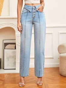 SHEIN Frenchy Quần jean nữ Túi Nút phía trước màu trơn - Rửa nhẹ - Xem 4