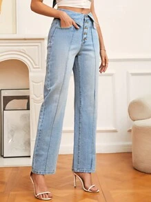 SHEIN Frenchy Quần jean nữ Túi Nút phía trước màu trơn - Rửa nhẹ - Xem 5