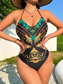 Voyashape Baroque Print Cut Out Halter One Piece Swimsuit - Black - View 5