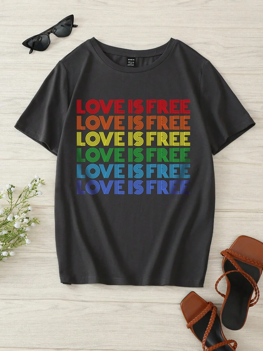 SHEIN LUNE LGBT標語圖案T恤 - 深灰色 - 查看 1