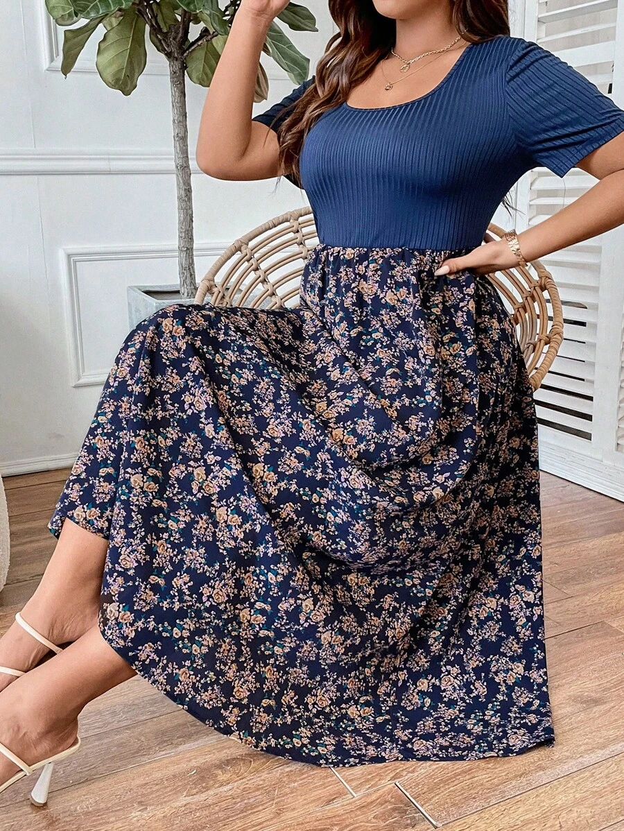 SHEIN Clasi Đầm Plus Size Gân đan Họa tiết hoa Boho - Nhiều màu - Xem 1