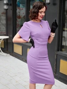 Keyhole Neckline Ruched Waist Split Back Dress - Lilac Purple - View 5