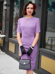 Keyhole Neckline Ruched Waist Split Back Dress - Lilac Purple - View 6