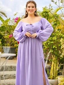 S BETRO 大碼前打結高衩連衣裙 - 紫丁香色 - 查看 3