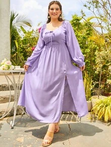 S BETRO 大碼前打結高衩連衣裙 - 紫丁香色 - 查看 4