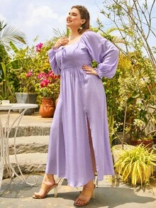 S BETRO 大碼前打結高衩連衣裙 - 紫丁香色 - 查看 5