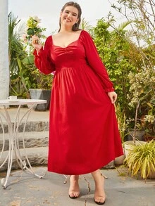 S BETRO Hơn Off Shoulder tay áo lá sen Xù Đầm - Đỏ - Xem 4