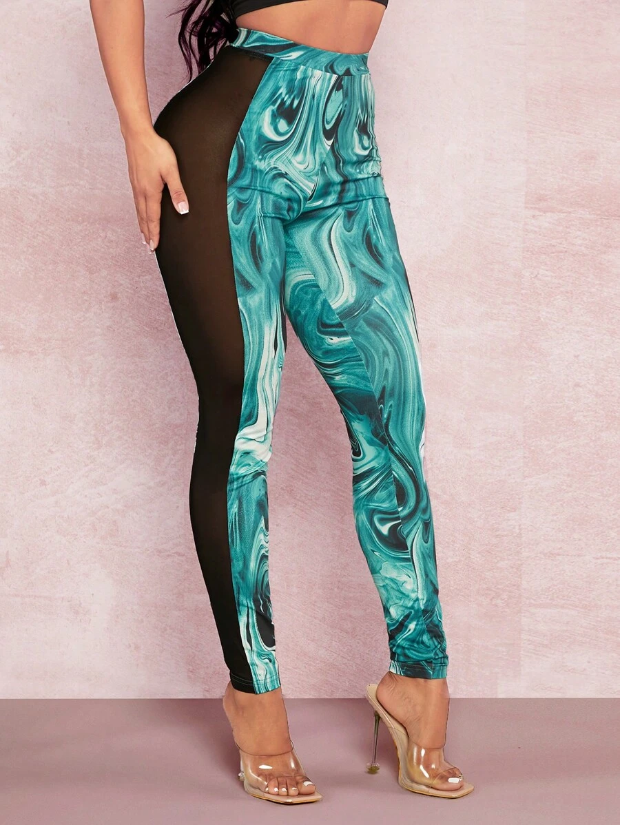 SHEIN SXY 大理石圖案嵌入網紗緊身打底褲 - 彩色 - 查看 1