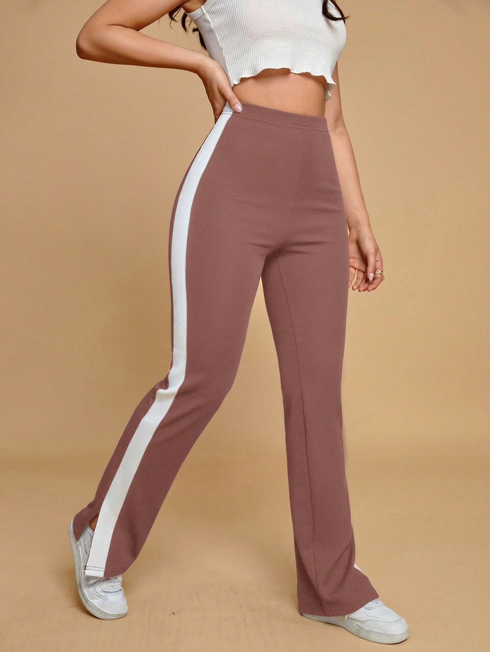 Contrast Side Seam Split Hem Black Pants,Commute,Office,Old Money,Simple,Minimalist,