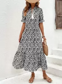 SHEIN LUNE Đầm mép Viên lá sen Tất cả trên in Dễ thương - màu đen - Xem 1