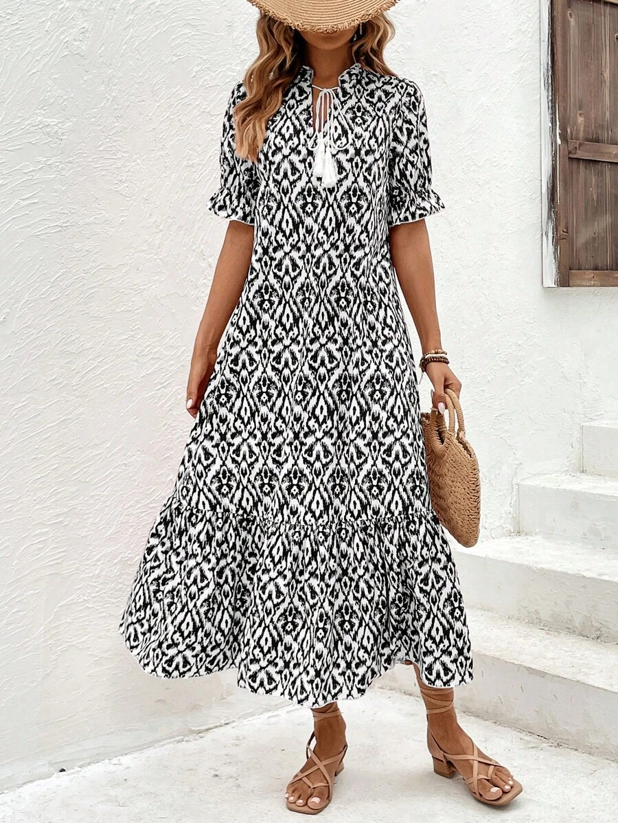 SHEIN LUNE Đầm mép Viên lá sen Tất cả trên in Dễ thương - màu đen - Xem 1