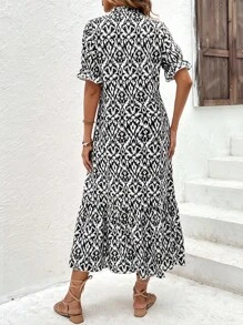 SHEIN LUNE Đầm mép Viên lá sen Tất cả trên in Dễ thương - màu đen - Xem 2