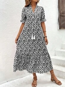 SHEIN LUNE Đầm mép Viên lá sen Tất cả trên in Dễ thương - màu đen - Xem 3