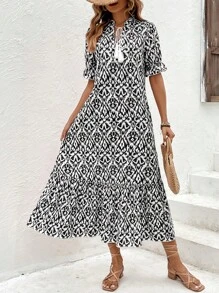 SHEIN LUNE Đầm mép Viên lá sen Tất cả trên in Dễ thương - màu đen - Xem 4