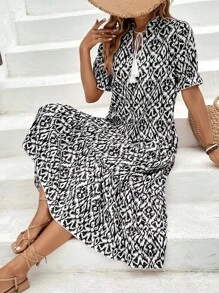 SHEIN LUNE Đầm mép Viên lá sen Tất cả trên in Dễ thương - màu đen - Xem 5