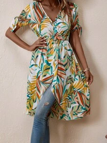 SHEIN VCAY Tropical Print Knot Cuff Wrap Hem Blouse - Multicolor - View 2